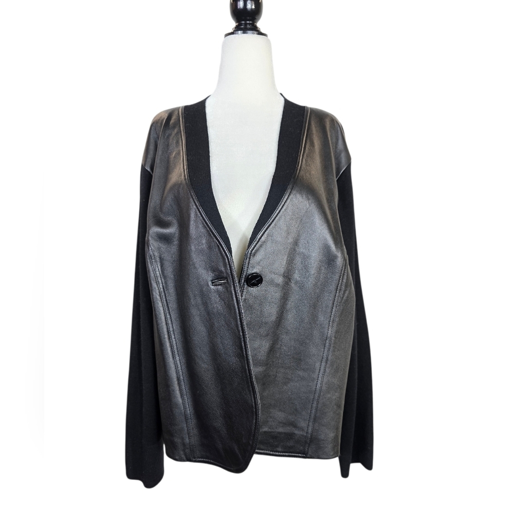 Jones New York Black Leather Front knitted wool Jacket